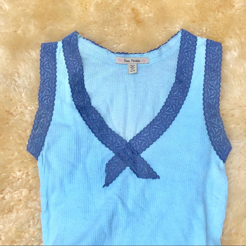 Free People blue violet waffle tank top lace trim